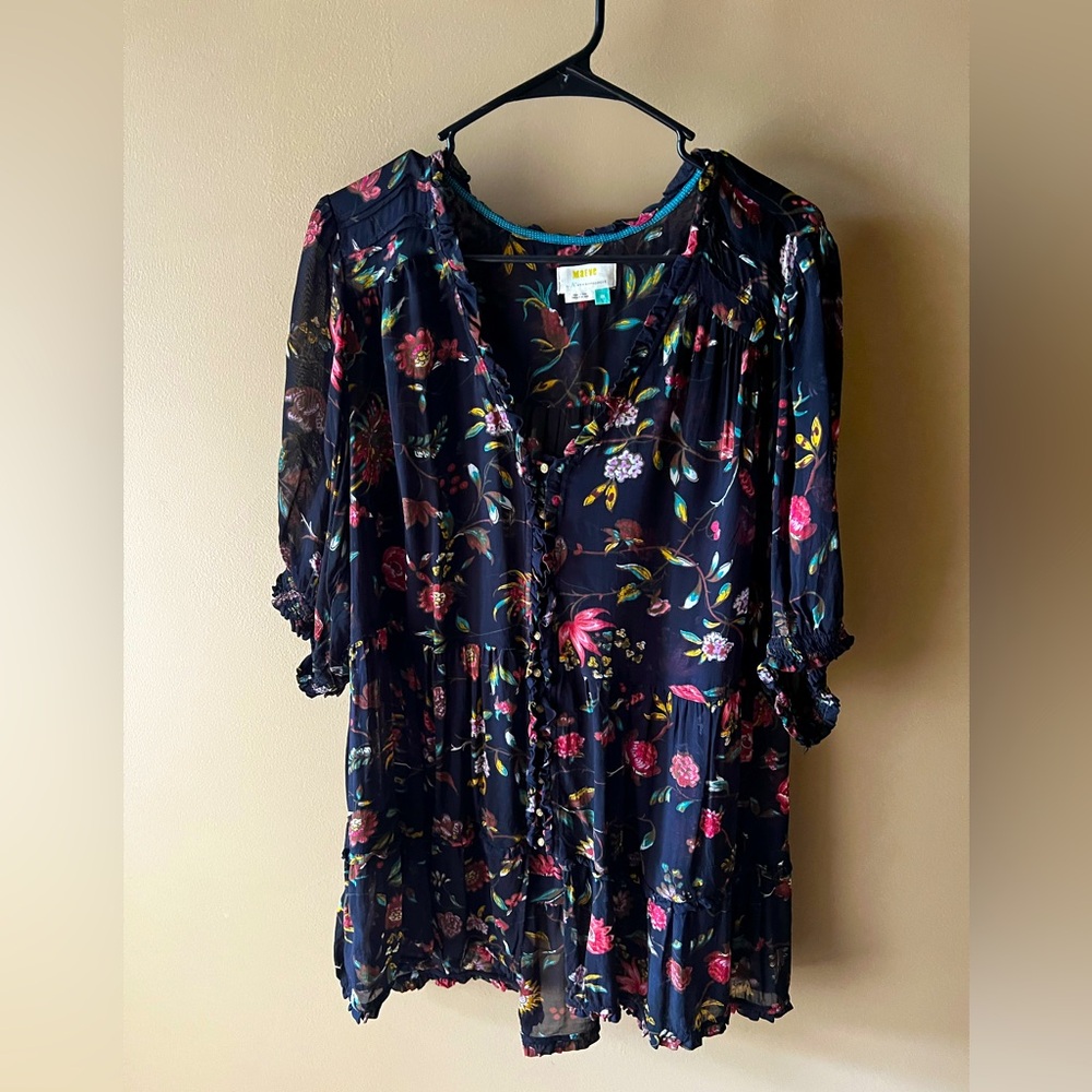 Anthropologie Maeve Black Floral Sheer Blouse